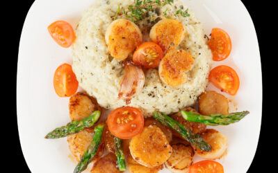 Healthy Sea Scallops Dinner with Risotto & Steamed Asparagus